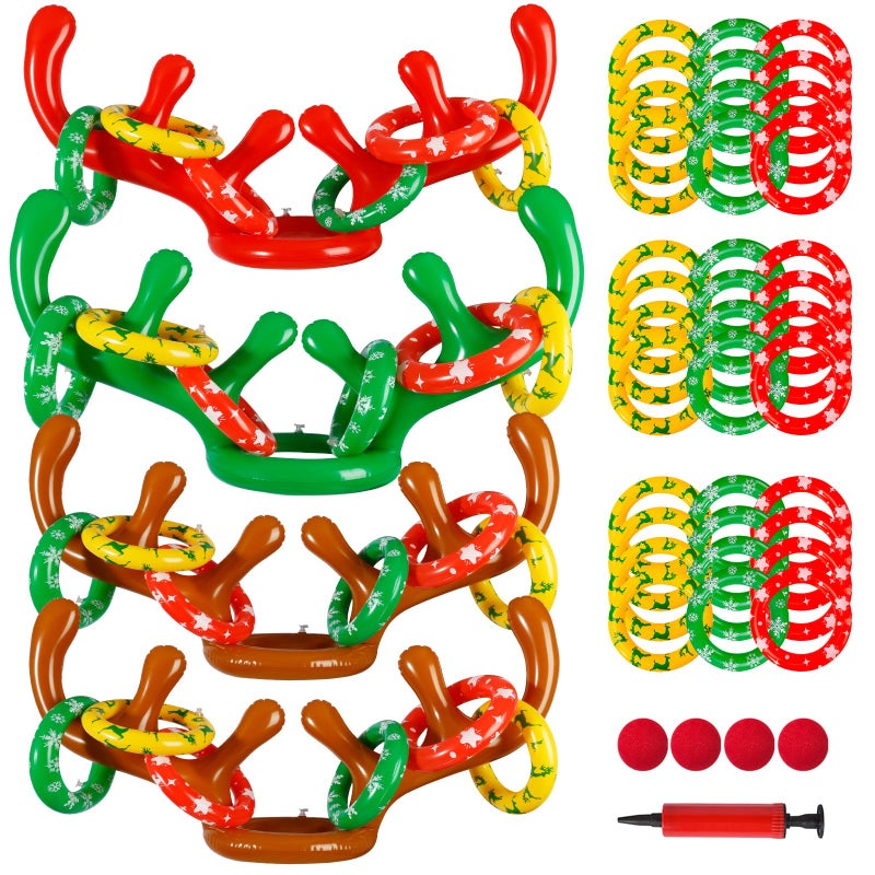 ماكس فن مجموعة من 4 قطع من ألعاب الرمي الدائرية القابلة للنفخ من ماكس فن، في الأماكن المغلقة والمفتوحة، ألعاب حفلات الكريسماس، 4 قرون و24 حلقة - Image 1